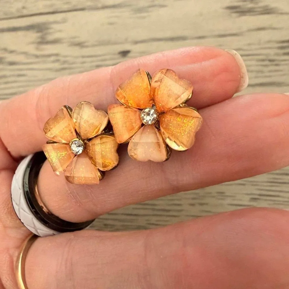 Boho Orange Flower Stud Earrings Gold Rhinestone Accents